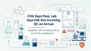Pharmaceutical intermediate quality control banner: COA pass vs lab fail risk analysis for incoming QC inspection after raw‑material arrival