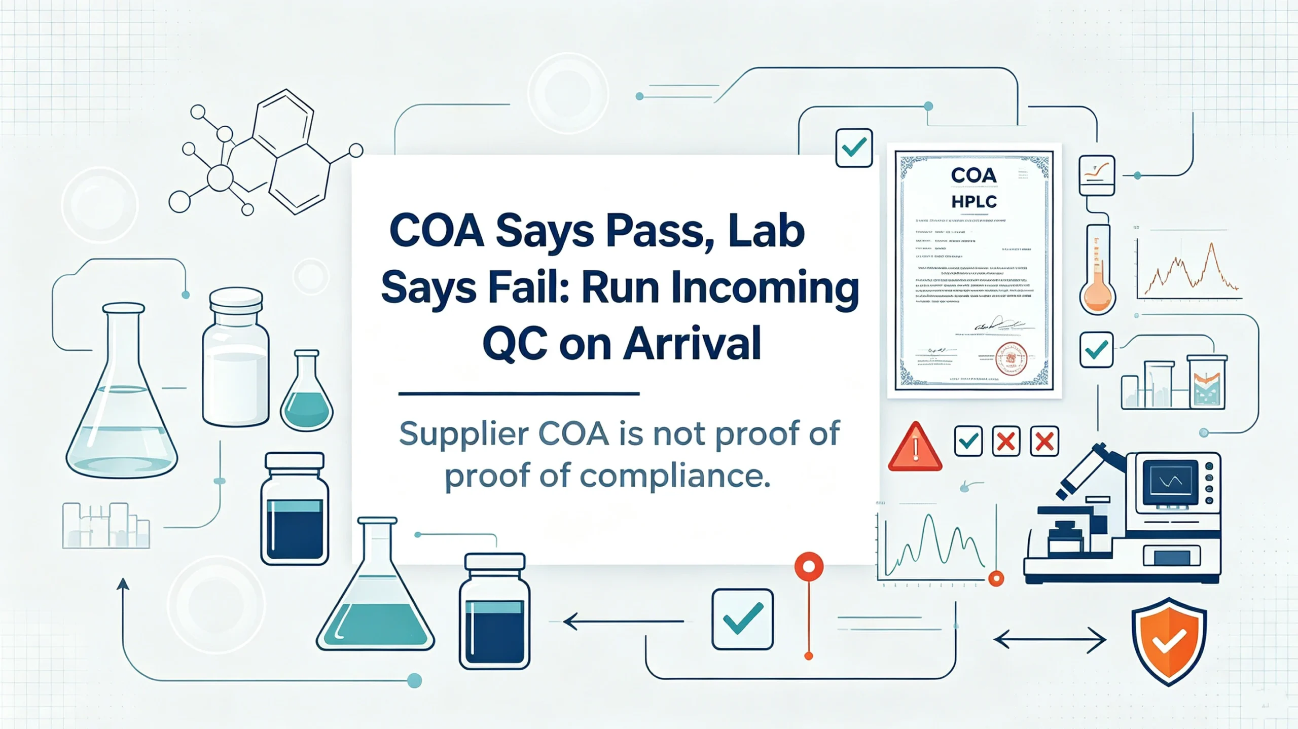 Pharmaceutical intermediate quality control banner: COA pass vs lab fail risk analysis for incoming QC inspection after raw‑material arrival