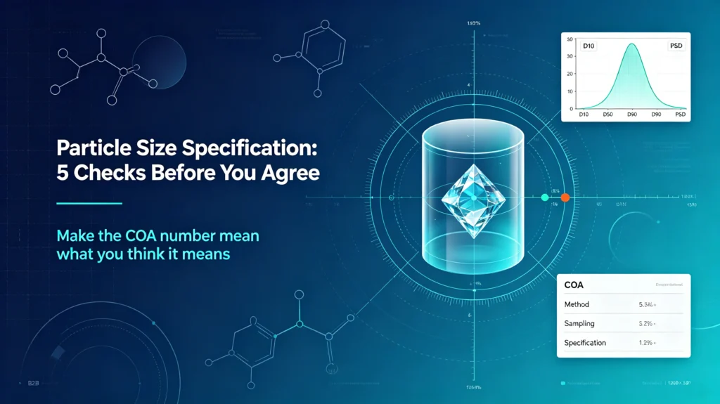 B2B pharma API blog cover, particle size specification 5 checks, pharmaceutical particle analysis, COA quality data chart for chemical intermediates
