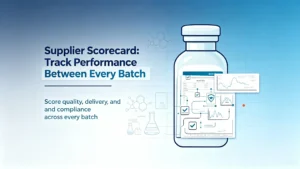 Supplier scorecard banner for pharmaceutical intermediate suppliers, track batch-to-batch performance and quality KPIs for API raw material vendor management