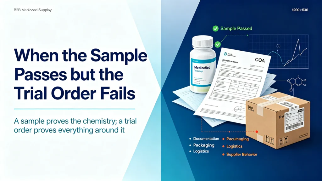 B2B pharmaceutical supplier validation graphic comparing qualified lab sample and failed trial order, sample vial, COA certificate, packaging and logistics risk illustration for chemical API buyers