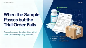 B2B pharmaceutical supplier validation graphic comparing qualified lab sample and failed trial order, sample vial, COA certificate, packaging and logistics risk illustration for chemical API buyers