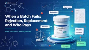 Blog cover for pharmaceutical batch failure: batch rejection, product replacement and who pays the cost, Tianming Pharma buyer guide